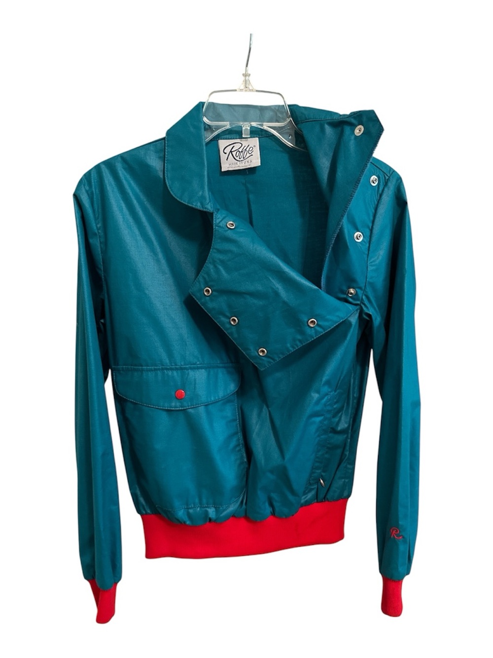 Roffe 80s Teal Windbreaker Pullover Jacket with Red Trim Small